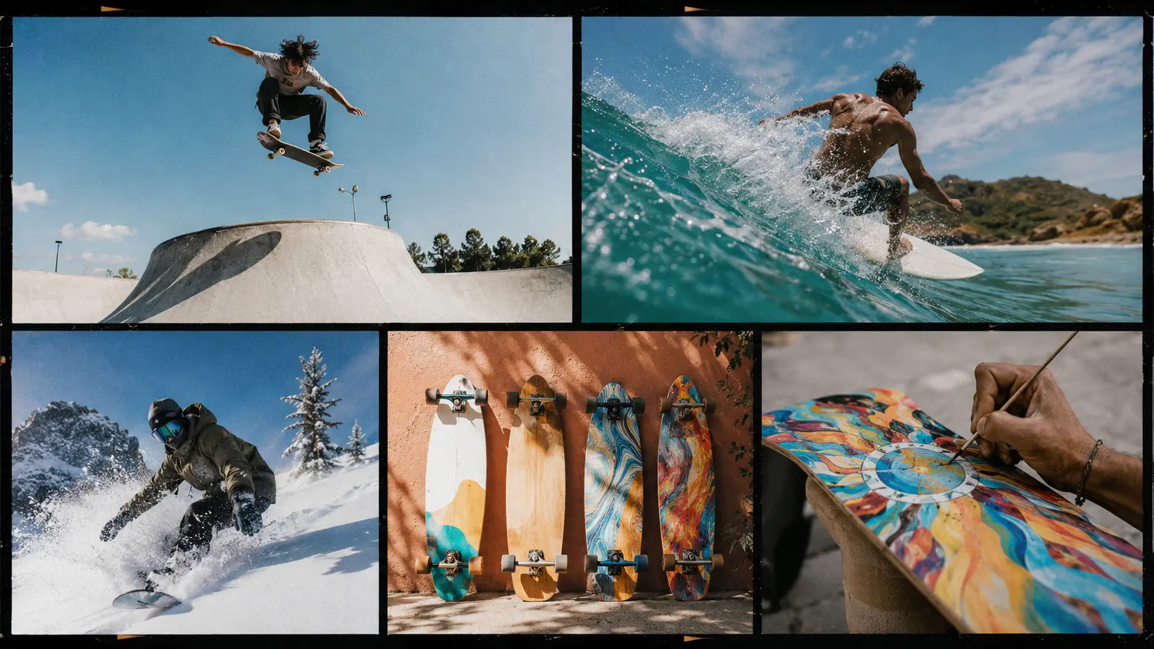 Contact sheet of skateboard, surfboard, snowboard and deck-art photography